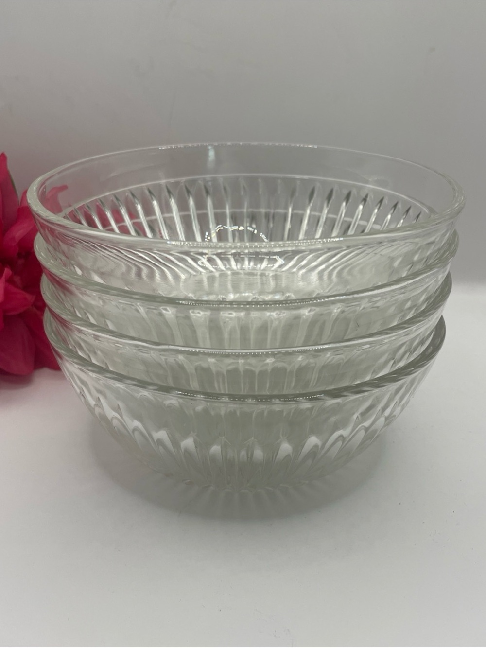 Vintage KIG Malaysia Ribbed Clear Glass 4-Piece Bowl Set